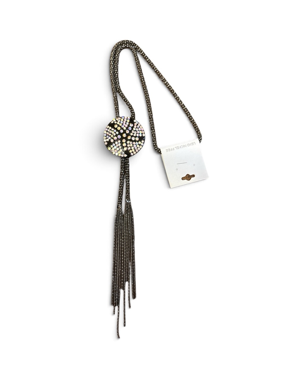 Black Long Tassel Necklace with Iridescent Crystal Medallion NWT